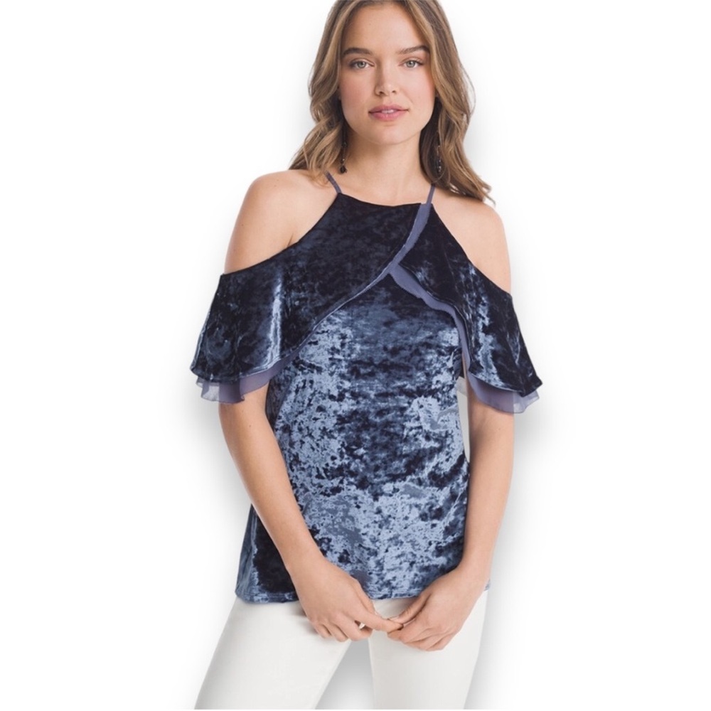 NEW White House Black Market Short Sleeve Cold Shoulder Velvet Flounce Top XS